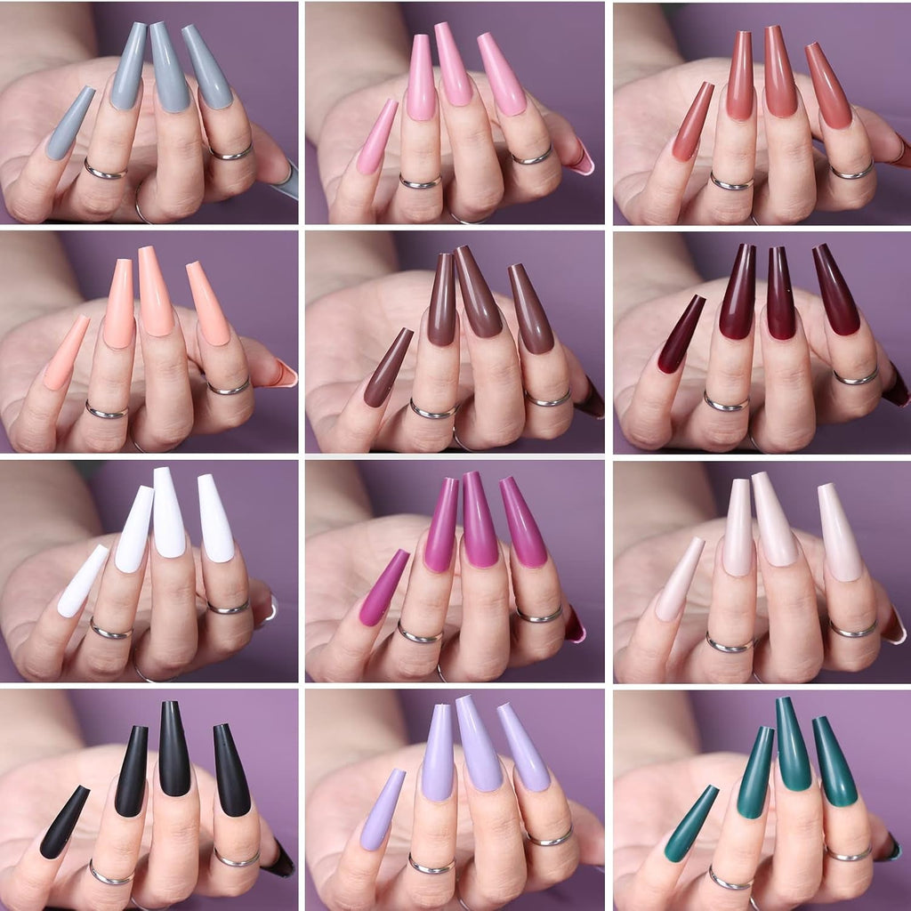 FANDAMEI 12 culori 288 buc unghii artificiale netede, balerină lungă, unghii false tip sicriu, vârfuri de unghii acrilice, balerină lungă pentru unghii artificiale