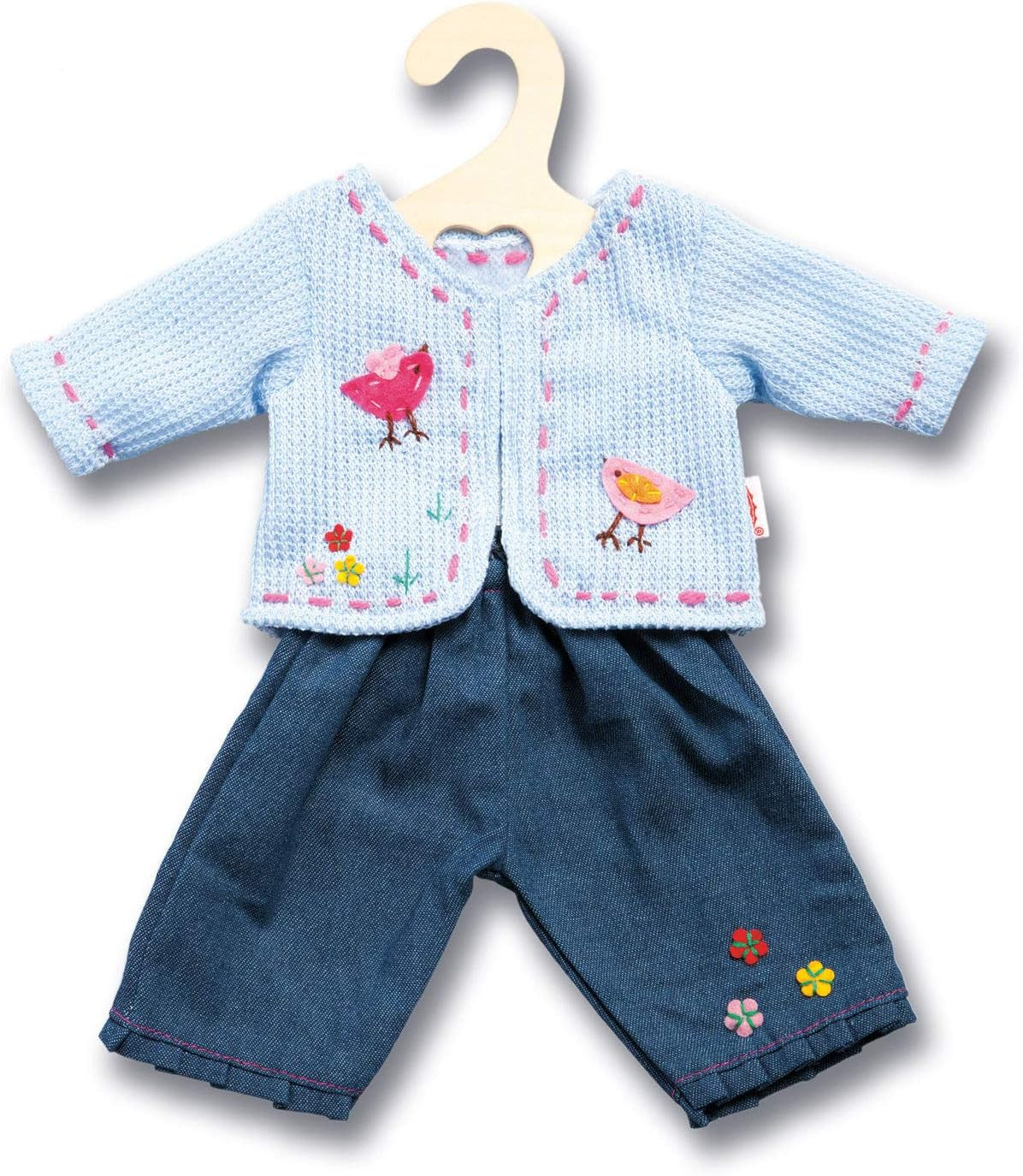 Heless 2504 - Bekleidungs-Set für Puppen, 2-teilig mit Strickjacke und Jeans, in den Farbvarianten Blau oder Pink, 1 von 2 Designs (zufällige Auswahl), Größe 35 - 45 cm