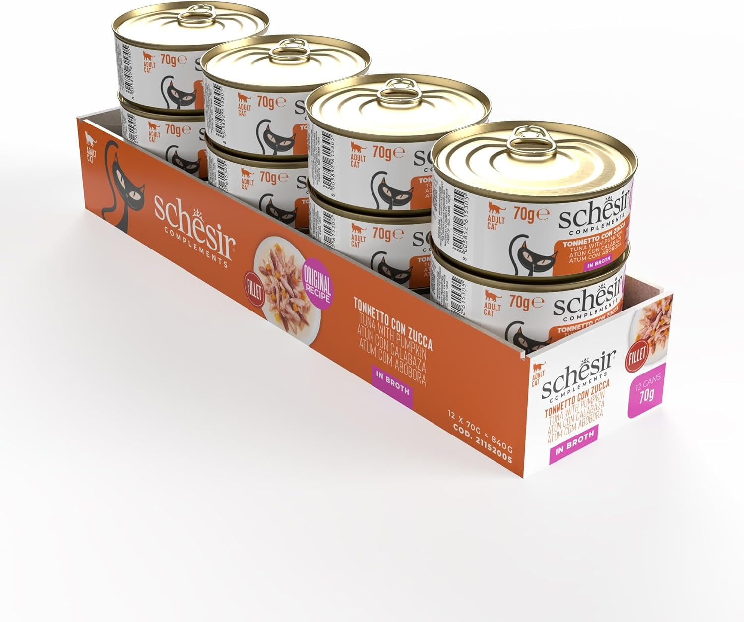 Ton cu dovleac în bulion, hrană umedă complementară pentru pisici, rețetă originală, 100% naturală, 12 conserve a câte 70g fiecare