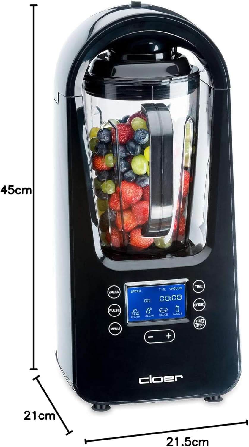 Cloer 6980 Vakuum Standmixer / 800 Watt / 21.000 U/Min. / inkl. Vorratsbehälter/Vakuumventil/Automatikprogramme/Eis-Crush-Funktion/Reinigungsfunktion/Schwarz, 1500 Milliliter Kitchen Naty Shop