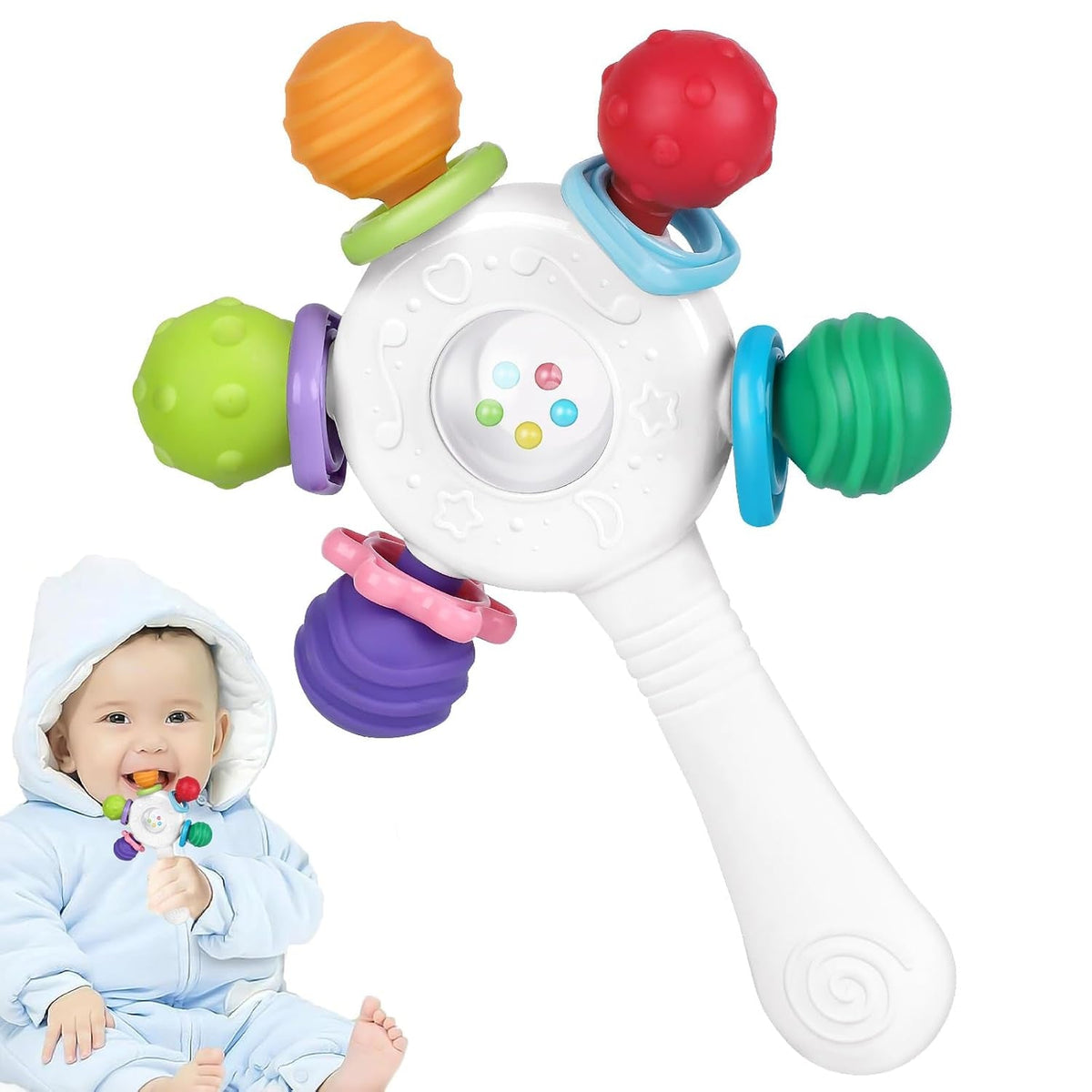 Inele de dentiție pentru bebeluși, de calitate alimentară - fără BPA, design rezistent la sufocare, prindere întărită, potrivite pentru dezvoltarea auzului și a dinților, ideale pentru bebelușii cu vârsta cuprinsă între 0 și 36 de luni (Alb)
