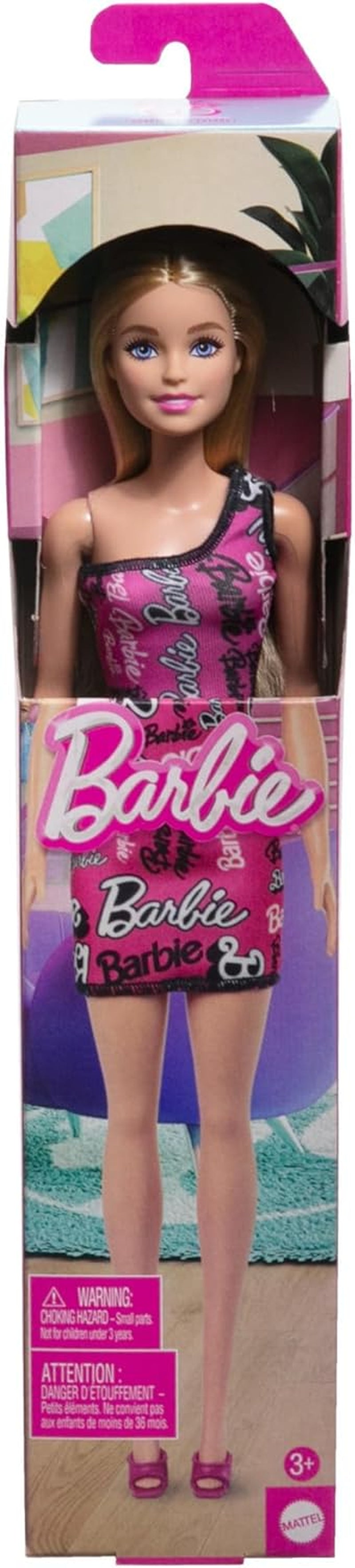 Barbie-Modepuppe mit glattem blonden Haar in rosa One-Shoulder-Stretchkleid und Schuhen mit Logo-Aufdruck HRH07 Naty Shop Dolls