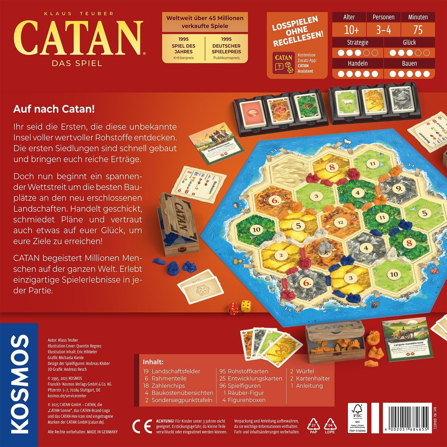 KOSMOS 684655 Catan - Jocul, Coloniștii din Catan, Joc de strategie pentru 3-4 jucători cu vârsta de 10 ani și peste, Joc de societate clasic, Joc de familie, Joc de petrecere