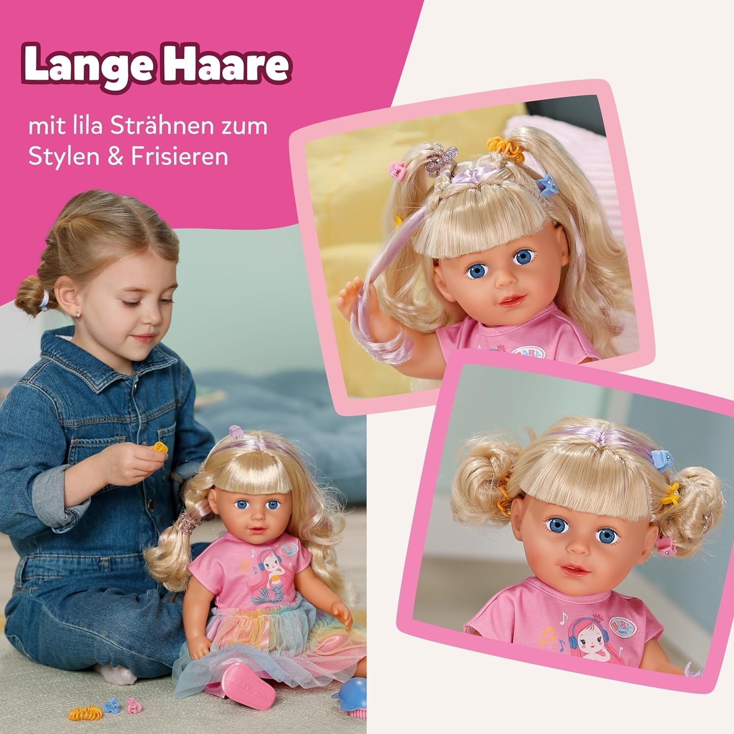BABY born Carla - 43 cm große Puppe - Hochwertiges Blondes Haar mit Strähnen - Benötigt Keine Batterien - Geeignet für Kinder ab 4 Jahren - Inkl. 7 Accessoires