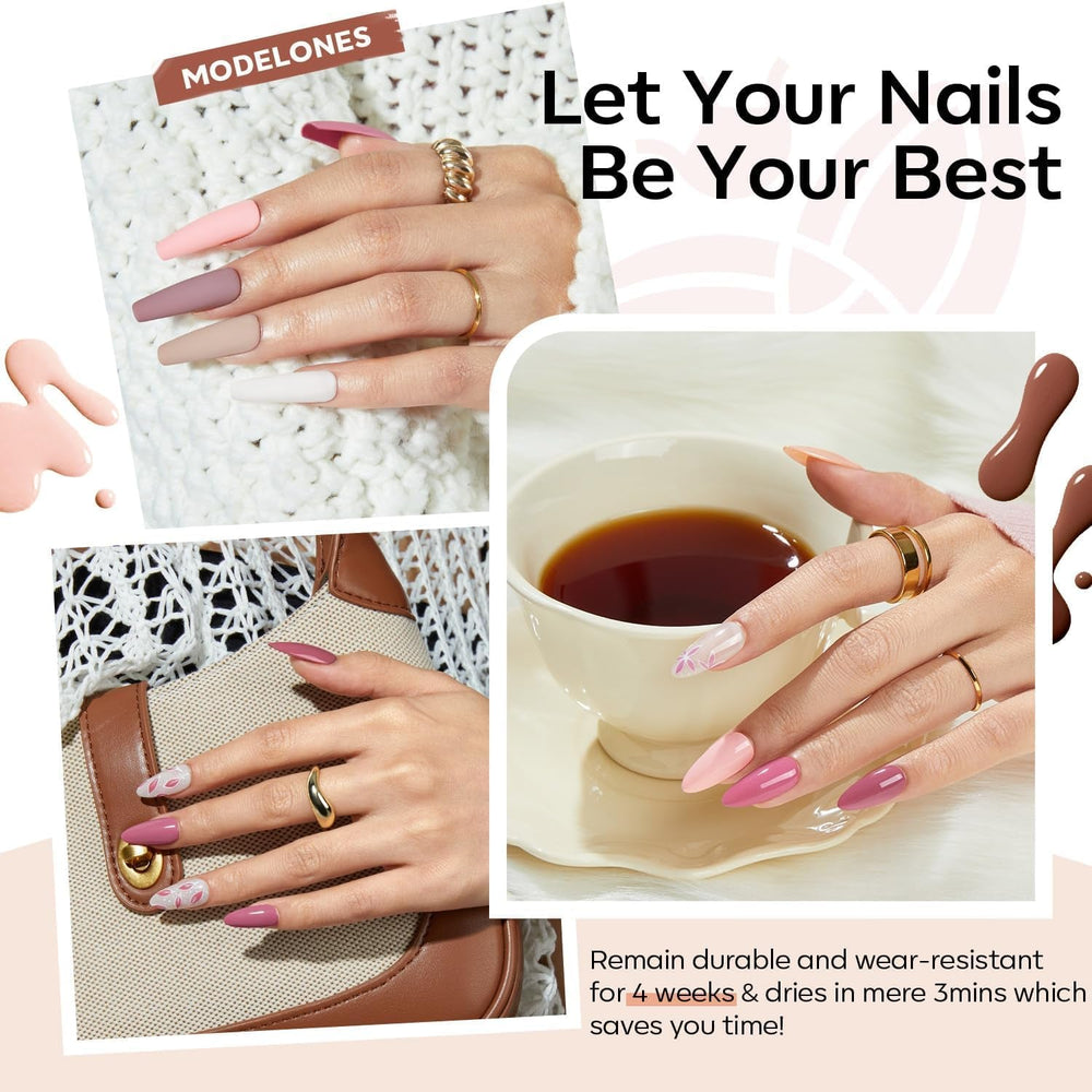 Modelones Set de 35 de bucăți pentru unghii cu gel, Set de ojă UV cu lampă 48W, Set de ojă gel maro nud alb roz, Set de ojă gel UV cu bază top coat Set studio unghii