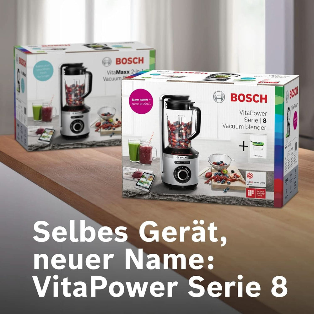 Bosch Vakuum-Standmixer Vitapower Serie 8 MMBV621M, Starke Mixleistung, Vitaminschonende Zubereitung, 4 Automatikprogramme, Vakuum-Togo Flasche, 37.000 U/Min, 1000 W, Silber Mutter und Kind Naty Shop