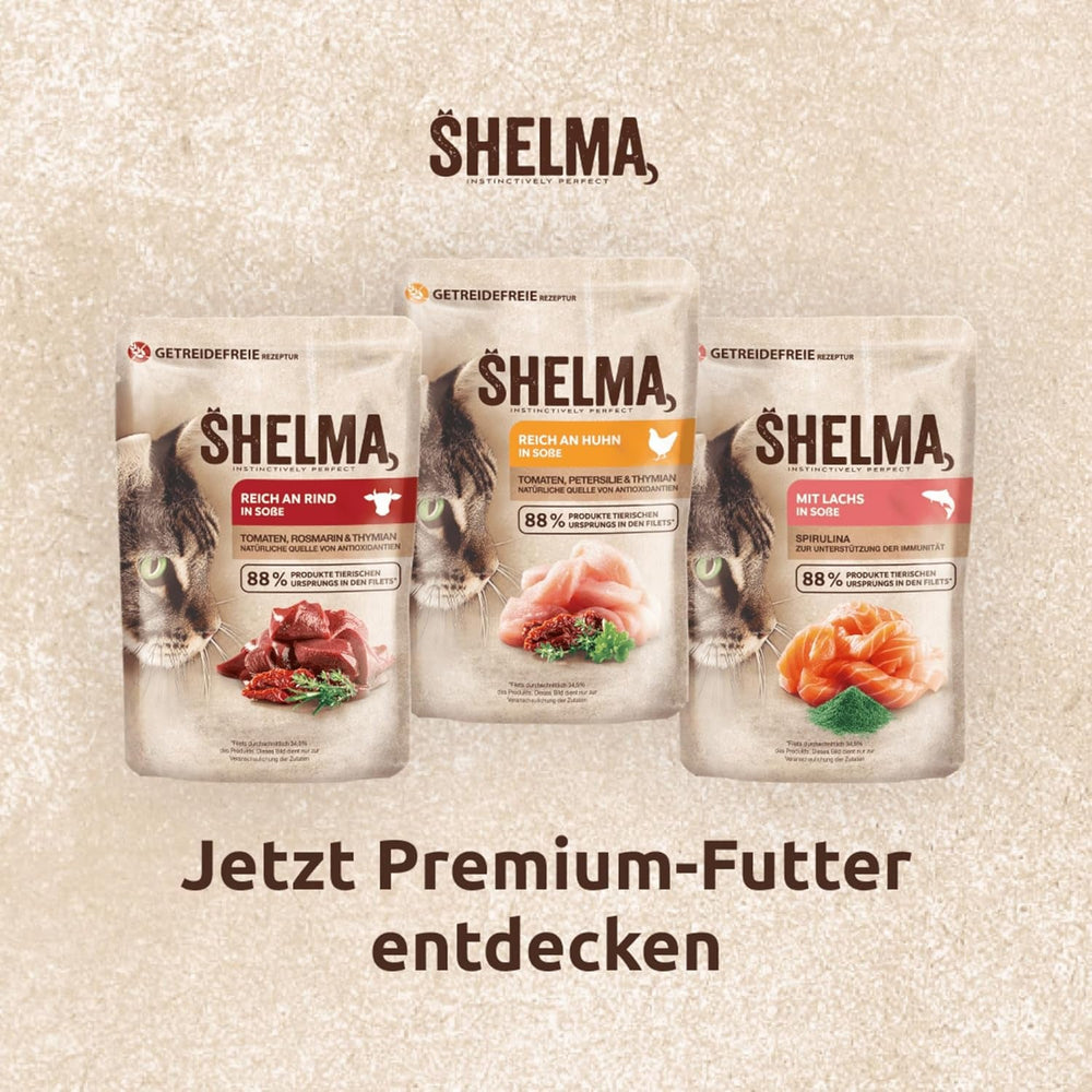Shelma Katzen-Nassfutter mit Lachs in Sauce und Spirulina – Getreidefreies Alleinfuttermittel mit hohem Fleischanteil – 28 x 85 g (2,4 kg)