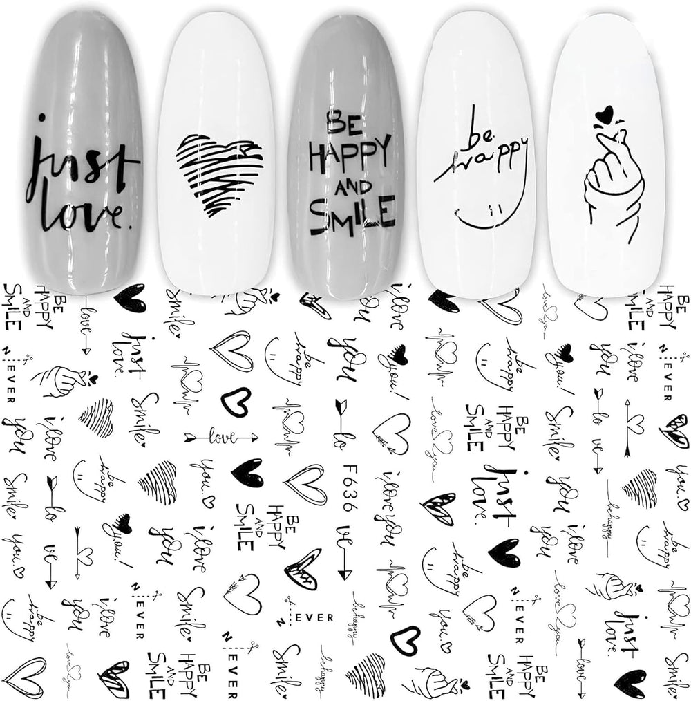 7 Blätter Nagelsticker Selbstklebend Nagelsticker Blumen Abstrakt 3D Schwarz Nagelaufkleber Nageldesign Herzform Wörter Pflanzen Nagel Sticker DIY Nail Art Zubehör Maniküre Dekoration