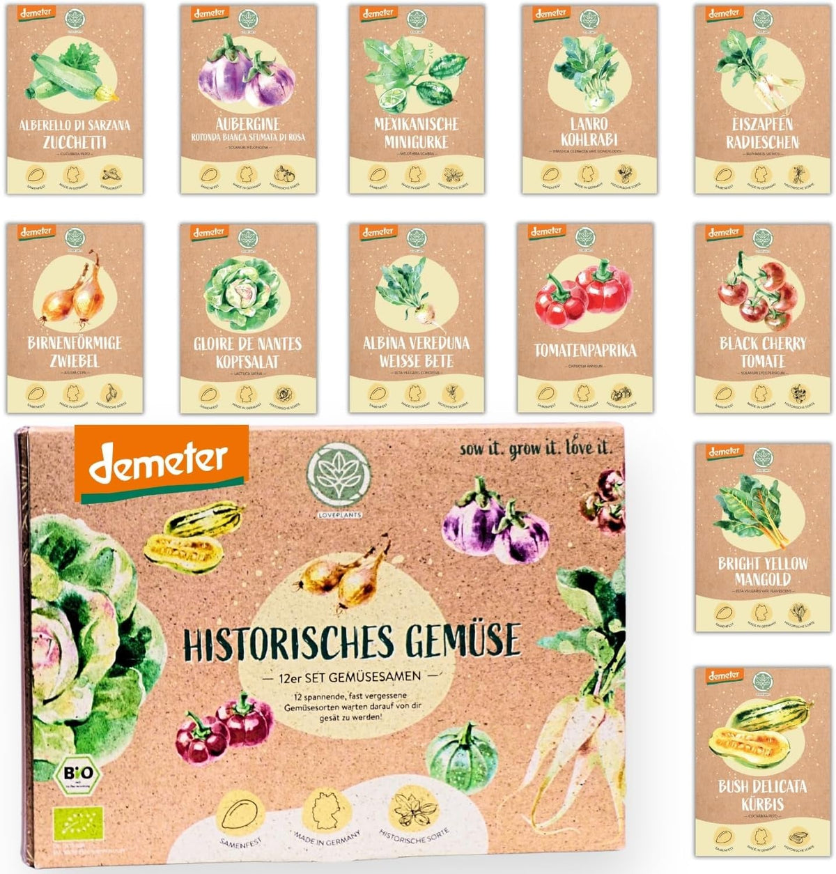 Set de semințe de legume organice - 12 varietăți de semințe de legume Demeter | Semințe de legume rare și de familie, toate polenizate liber | Soiuri de legume de familie pentru balcoane, paturi înalte, grădini și cadou | Loveplants