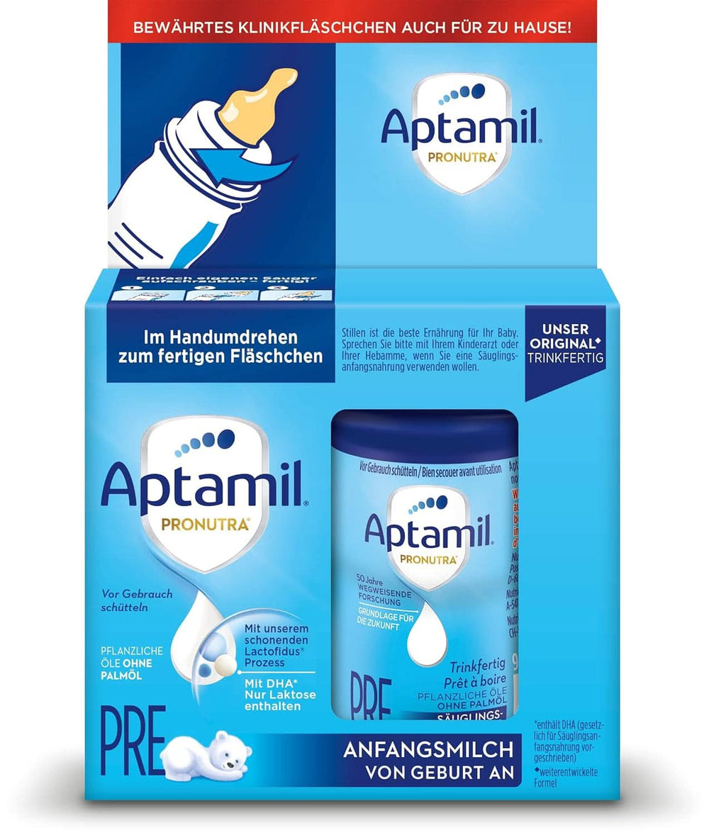 Aptamil Pronutra PRE - Lapte inițial de la naștere, cu DHA, doar lactoză, fără ulei de palmier, mâncare pentru copii, lapte praf, 800 grame Mama si Copilul Naty Shop 4 x 180 ml Aptamil Pronutra Pre