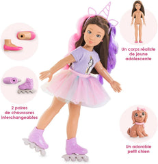 Corolle 9000600030 - Girls Luna Einhorn Set, Ankleidepuppe im Sommeroutfit mit Hund, mit Haarband, Ohrringe und extra Gummistiefel, 28cm Spielpuppe mit Vanilleduft, ab 4 Jahren