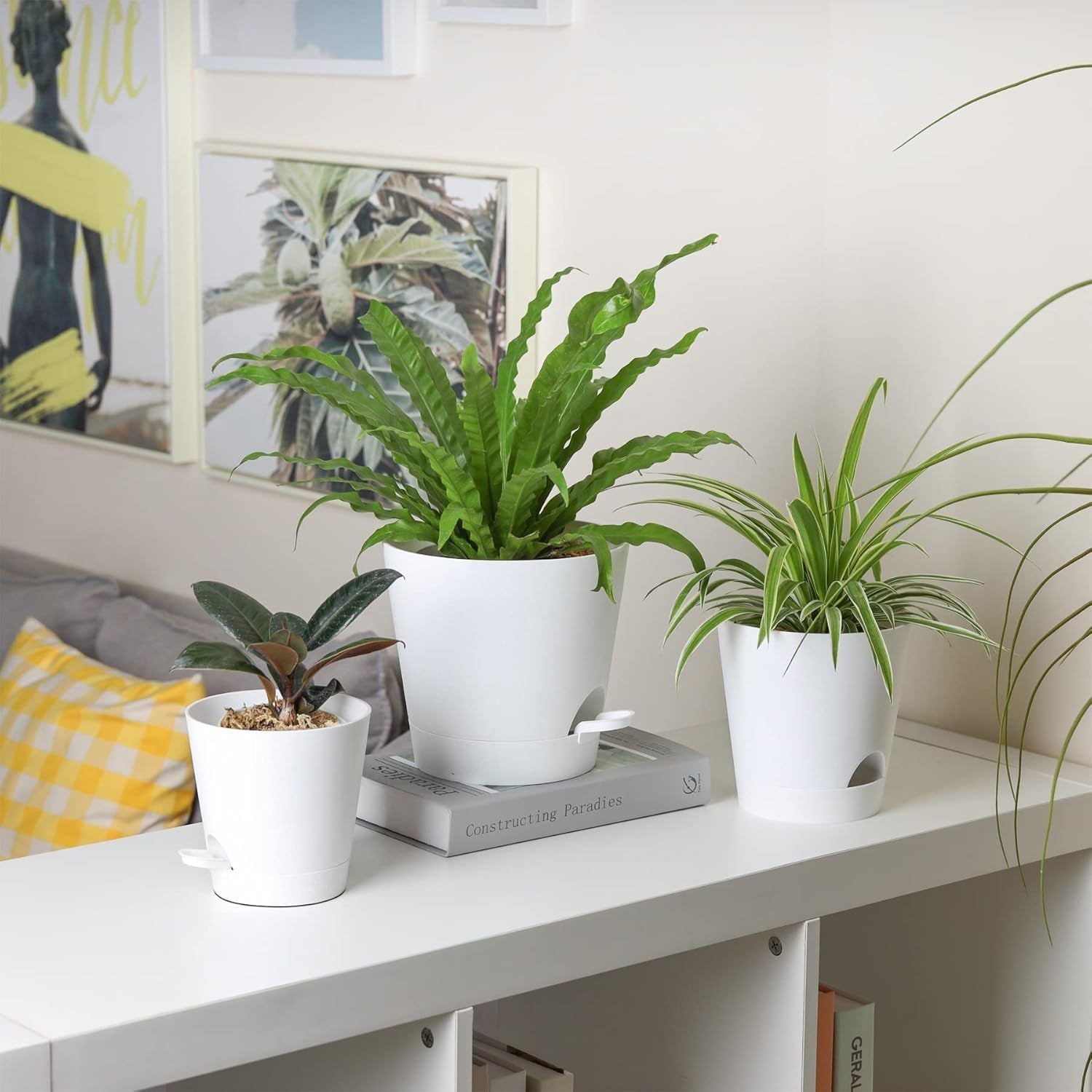 Ghiveci de flori din plastic T4U de 14 cm cu sistem de udare, set de 6 ghivece cu auto-udare și farfurioare, ghivece rotunde pentru plante de grădină de interior și balcon, suculente, cactuși, alb