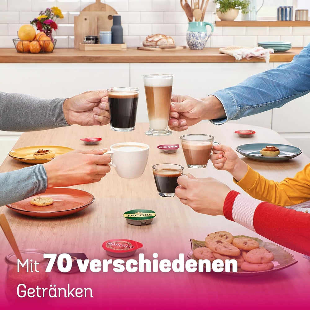 Espressor cu capsule Bosch Tassimo Happy Friendly TAS102E, peste 70 de băuturi, potrivit pentru toate tipurile de cești, oprire automată, sustenabil, dozat perfect, economisește spațiu, 1400 W, negru