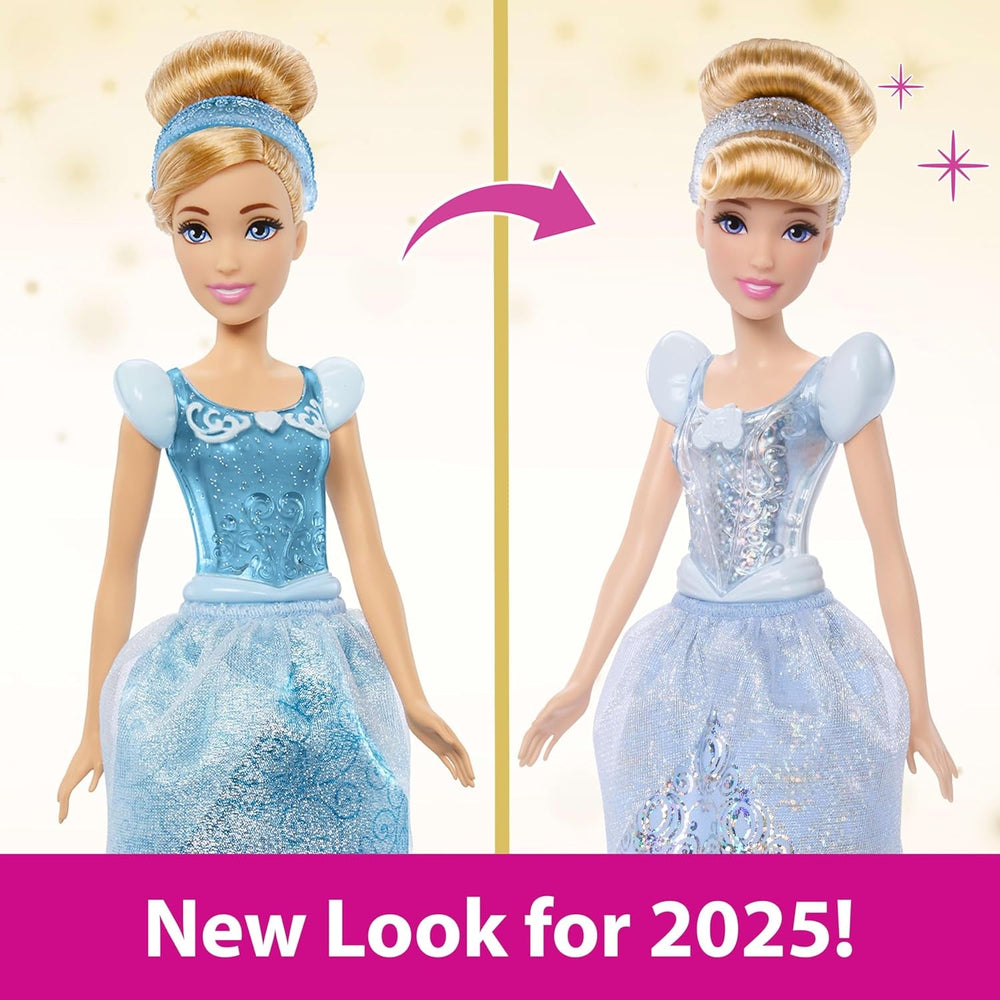 Mattel DISNEY Prințesa Cenușăreasa - Păpușă articulată cu ținută strălucitoare, pantofi detașabili și diademă, păr pieptănat pentru distracție de coafare, pentru copii cu vârsta de 3 ani și peste, HLW06