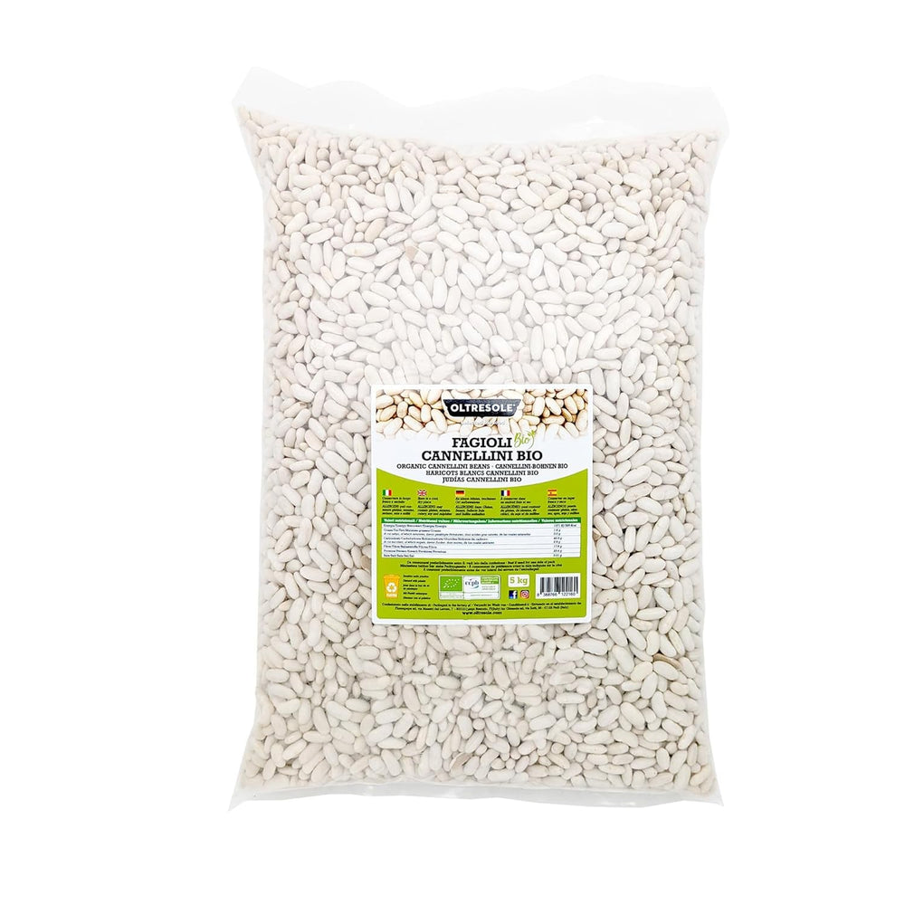 Fasole cannellini organică, 5 kg, leguminoase uscate organice din culturi controlate, bogate în fibre, vitamine și minerale, ideale pentru supe și salate, pachet economic