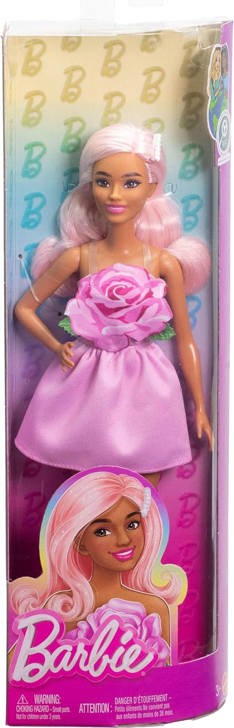 Păpușă Barbie Fashionistas nr. 238 cu păr roz pastel, rochie fără bretele cu partea de sus roz, clemă de păr cu perle și pantofi cu barete cu toc înalt, HYT94 Papusi Naty Shop