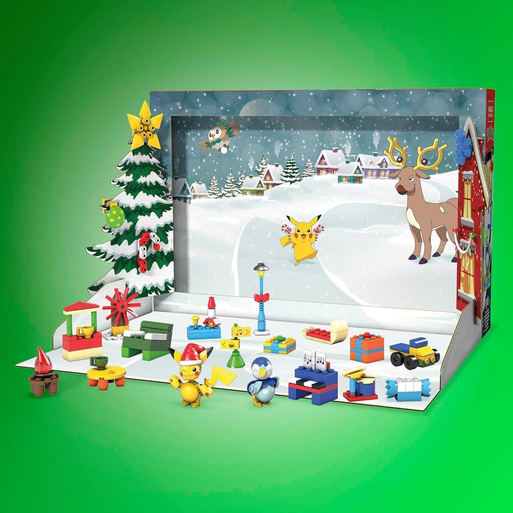 MEGA Pokémon Adventkalendar, Ferienkalender mit 202 Teilen, 2 posierbaren Figuren und Zubehör, für Kinder, GYG99