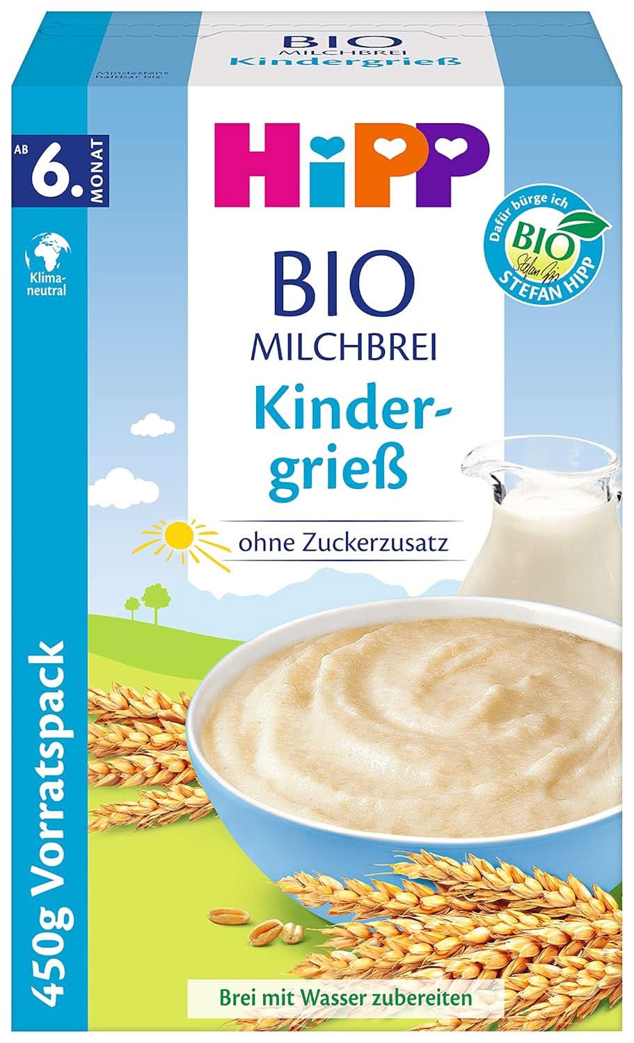 Hipp Bio-Milchbrei ohne Zuckerzusatz, Grieß und Banane, Vorratspackung (4X450 Gramm) Mutter und Kind Naty Shop 4 x 450 Gramm Gris für Kinder