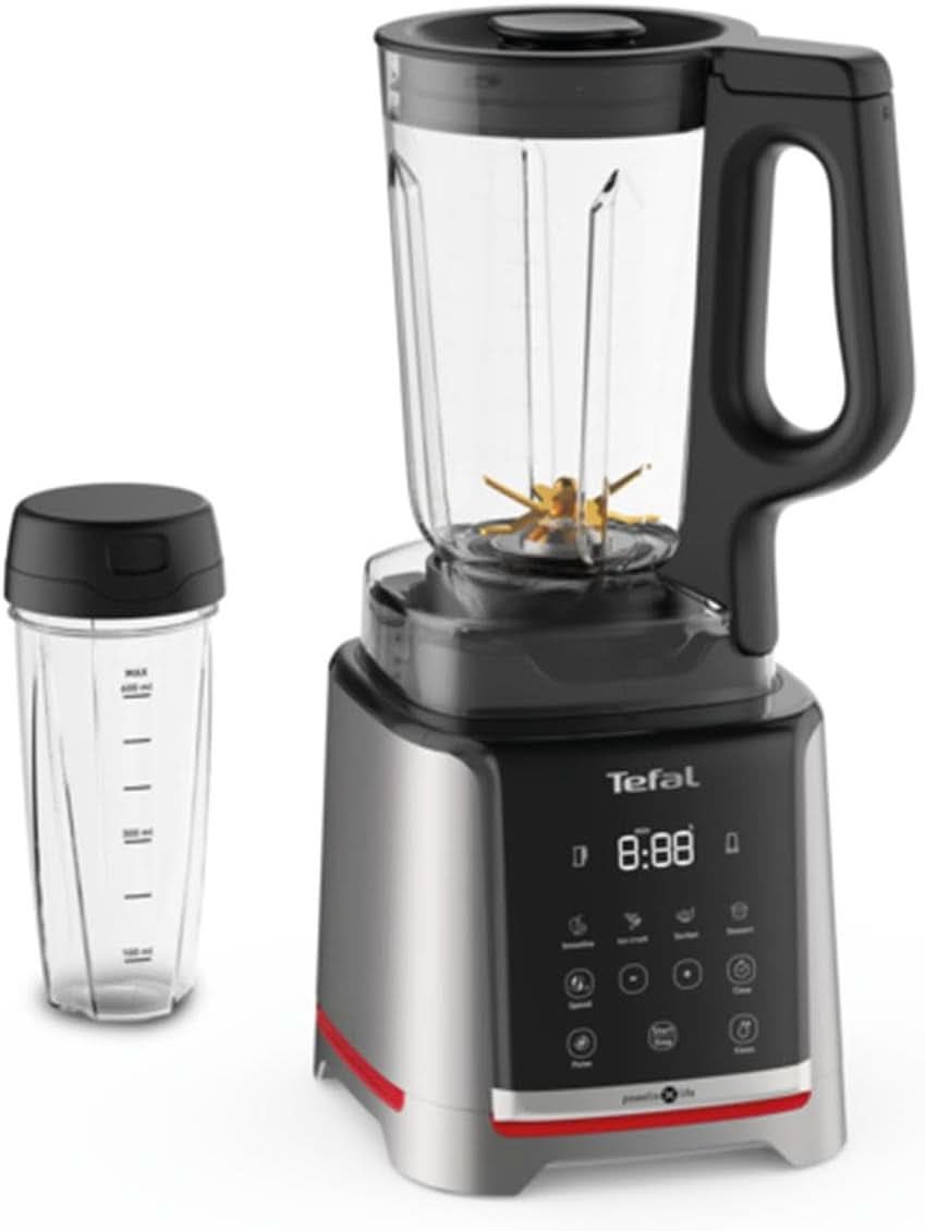 Tefal Infinymix Hochgeschwindigkeits-Standmixer, 5 Auto-Programme + manuelle Einstellung, 2.6-L-Tritan-Behälter, Inkl. 600Ml Reisebecher/Stampfer/Rezeptheft, Silber, BL91HD31 Mutter und Kind Naty Shop