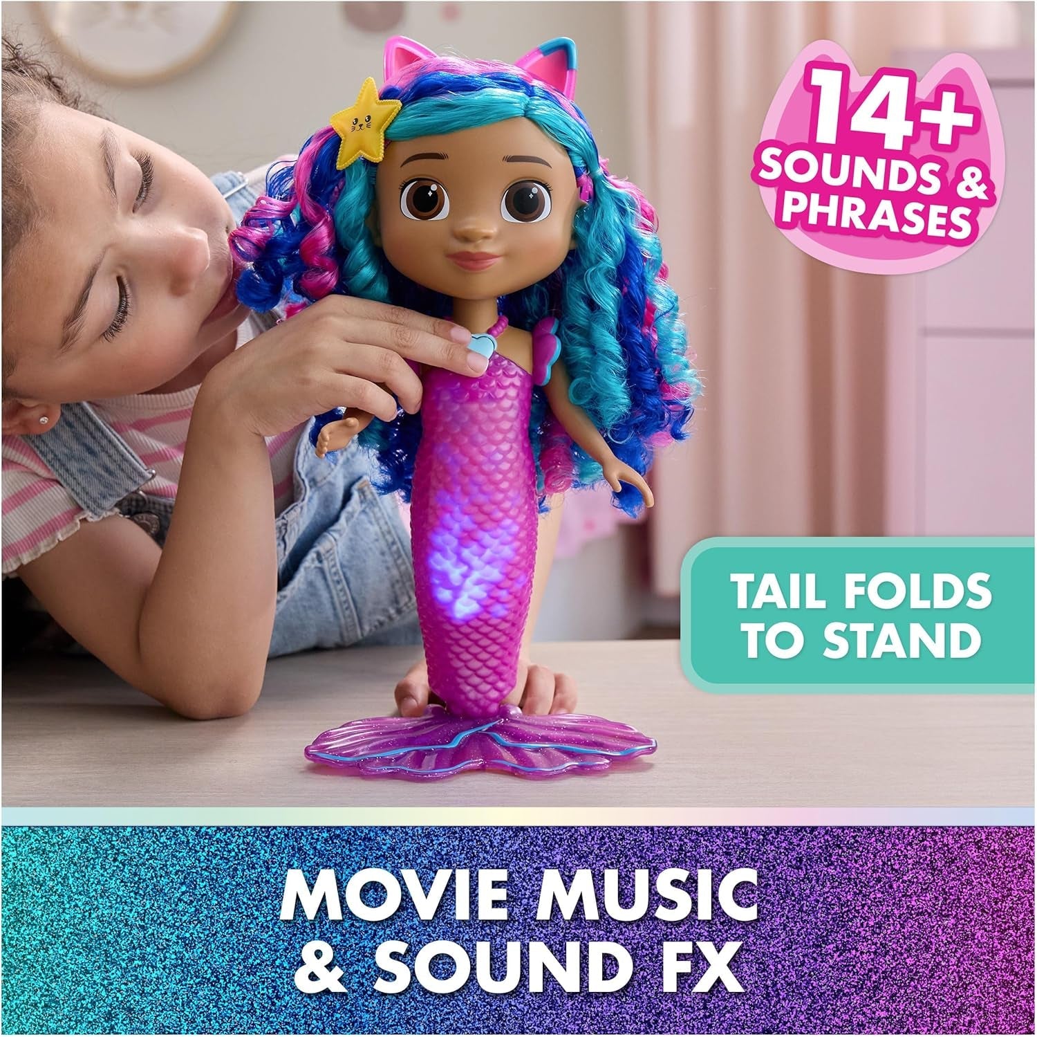 Gabby und das magische Haus Der Film – Gabby Dollhouse – Meerjungfrau-Puppe mit Funktionen 35 cm – 1 Figur und 2 Zubehör – Geräusche & Lichter – Cartoon Spielzeug Puppenhaus – Spielzeug für Kinder ab