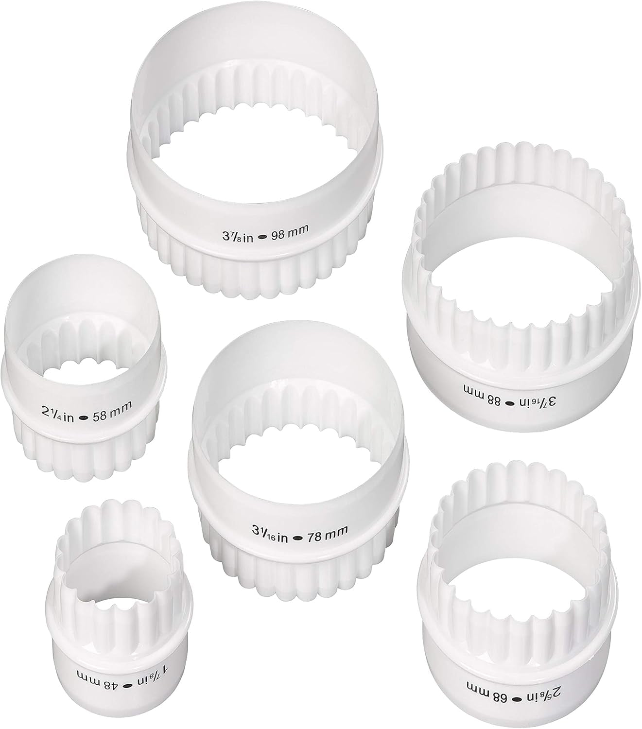 Set de 6 forme rotunde reversibile Tala pentru biscuiți, forme pentru biscuiți cu margini netede și striate, plastic fără BPA, pentru aluat, fondant și marțipan, 48 până la 98 mm