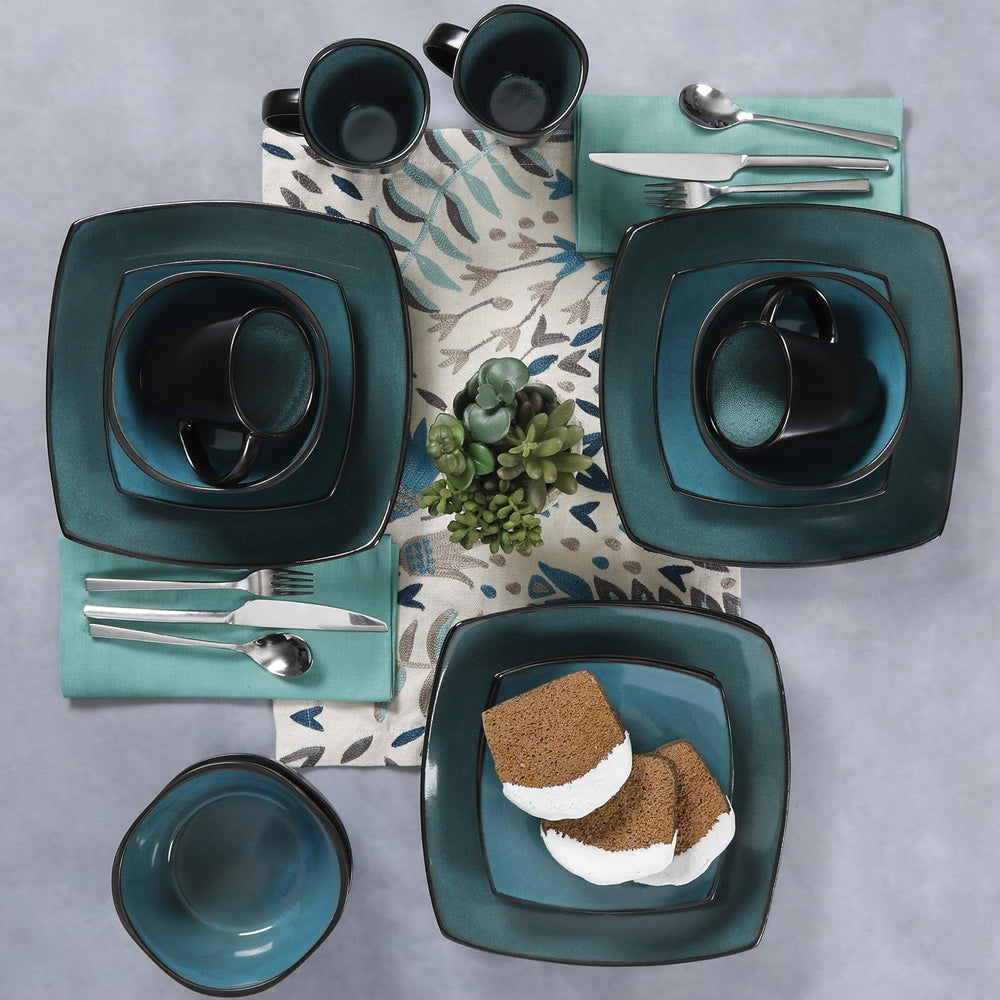 Set de veselă Gibson 99813.16R Elite Soho Lounge cu glazură reactivă pentru 4 persoane, 16 piese, efect bicolor albastru-verde/negru