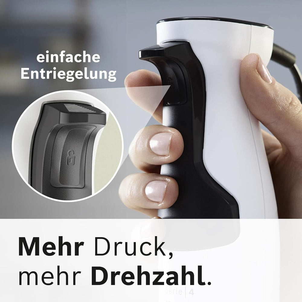 Bosch Stabmixer Ergomaster Serie 4 MSM4W210, Einhändig Bedienbar, Edelstahl-Klingen, Verschleißfreie Keramik-Kupplung, Mixbecher, Quattroblade, Antisplash Funktion, Einschaltsperre, 600 W, Weiß Mutter und Kind Naty Shop