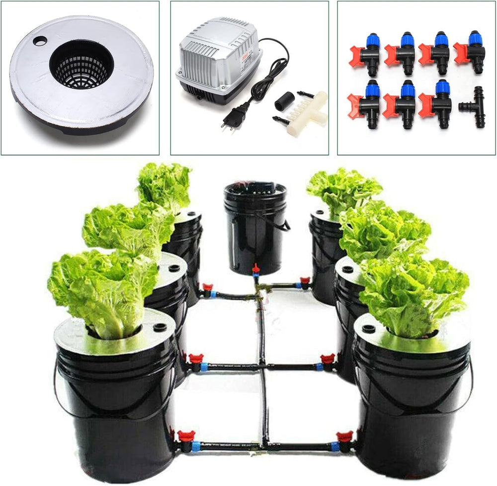 Sistem hidroponic, kit de sistem de creștere hidroponic DWC de 5 galoane, găleată de 20 l x 7, sistem de creștere hidroponică de interior, mașină hidroponică cu mai multe butoaie, sistem de irigare prin picurare