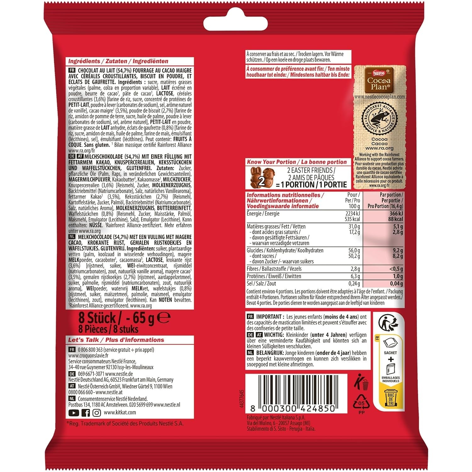 NESTLÉ Prietenii de Paște, mini figurine de Paște din ciocolată cu lapte cu bucățele crocante, pachet de 2 (1 x 65g)