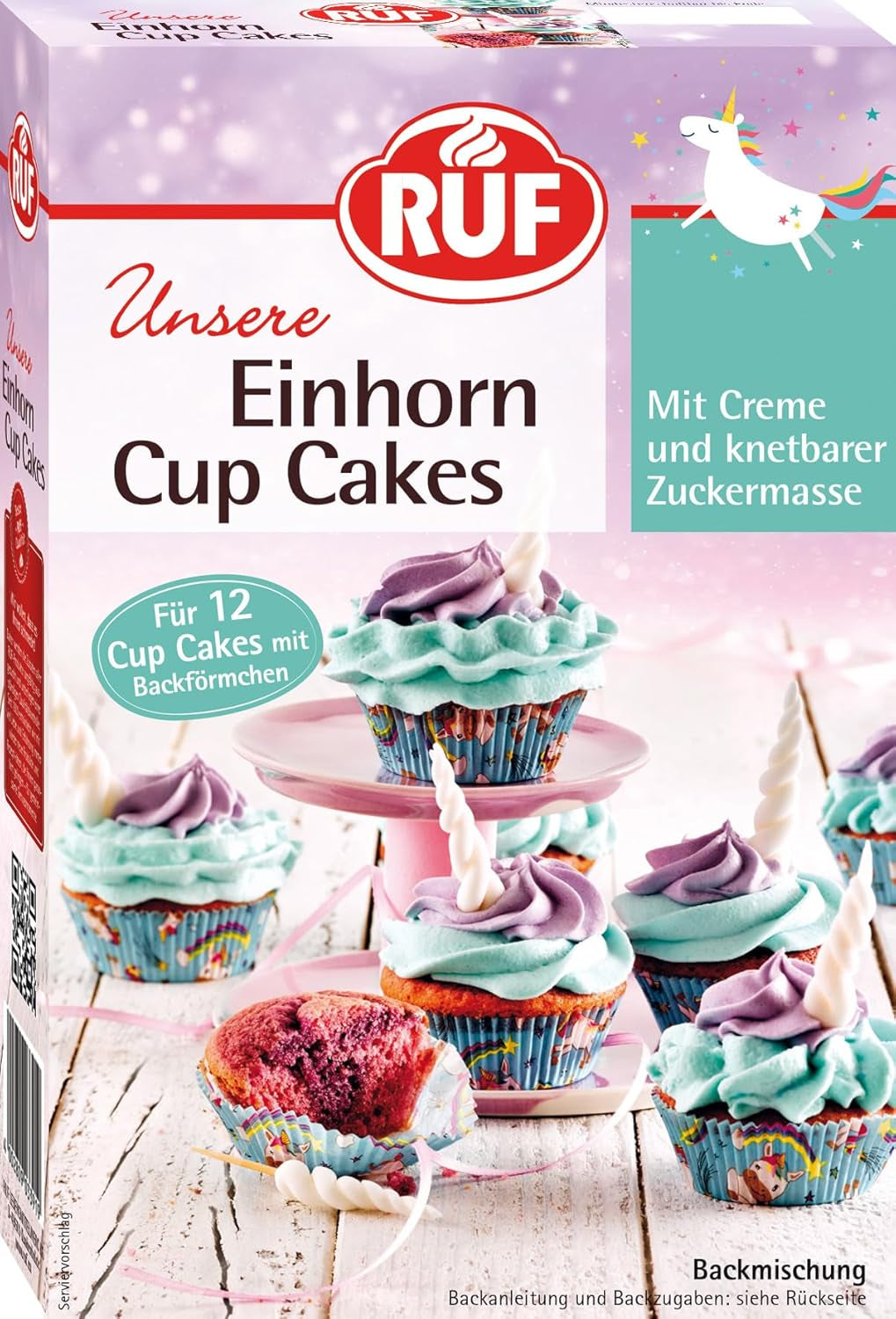 RUF Cupcakes Für Eis-Prinzessinen Und Prinzen, Mit Torten-Creme in Eisblau, Zucker-Eiskristallen Und Fondant Für Zuckerkronen, Inkl. 12 Backförmchen, 1 X 391G Glasuren und Dekor Naty Shop 391 G Einhorn