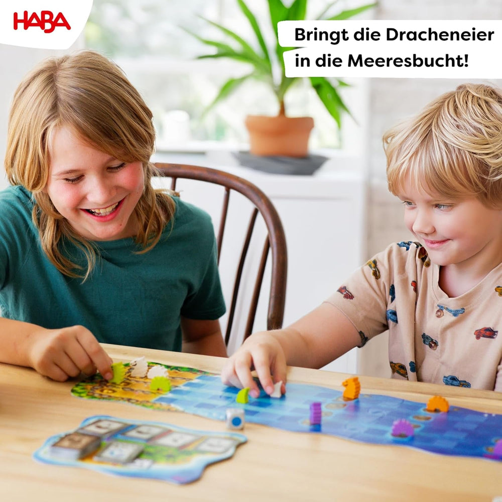 HABA Dragoni de Apă – Joc de zaruri și strategie pentru copii de la 5 ani în sus – Joc de societate captivant cu dragoni și figurine din lemn – Joc de familie pentru 2-4 jucători – 1307133001