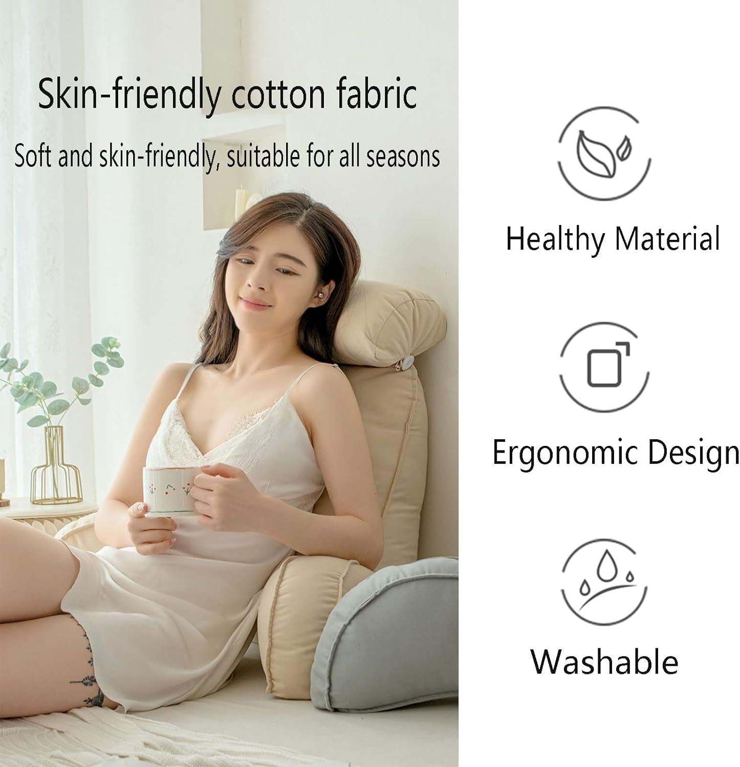 Pernă de citit cu cotiere, pernă de spate pentru canapea, pernă de cărți pentru pat, cu rolă detașabilă pentru gât, pernă de susținere a scaunului pentru relaxare, joacă, citit, vizionat la televizor, culoare șampanie