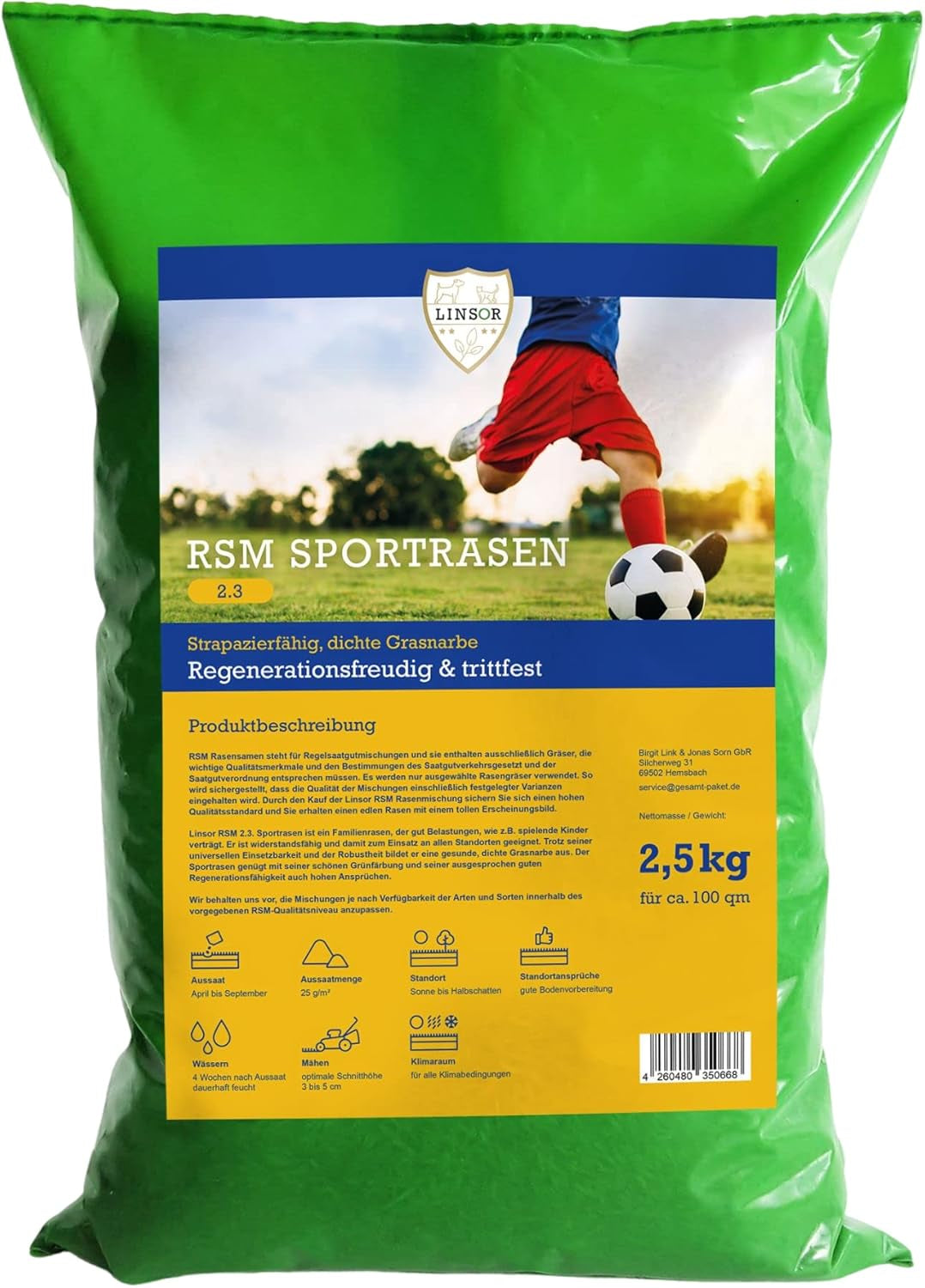 RSM 2.3 Sportrasen, Spielrasen, Trittfest, Robust, Dichte Grasnarbe, Alle Standorte, Regel Saatgut Mischung,2,5Kg Für 100M²