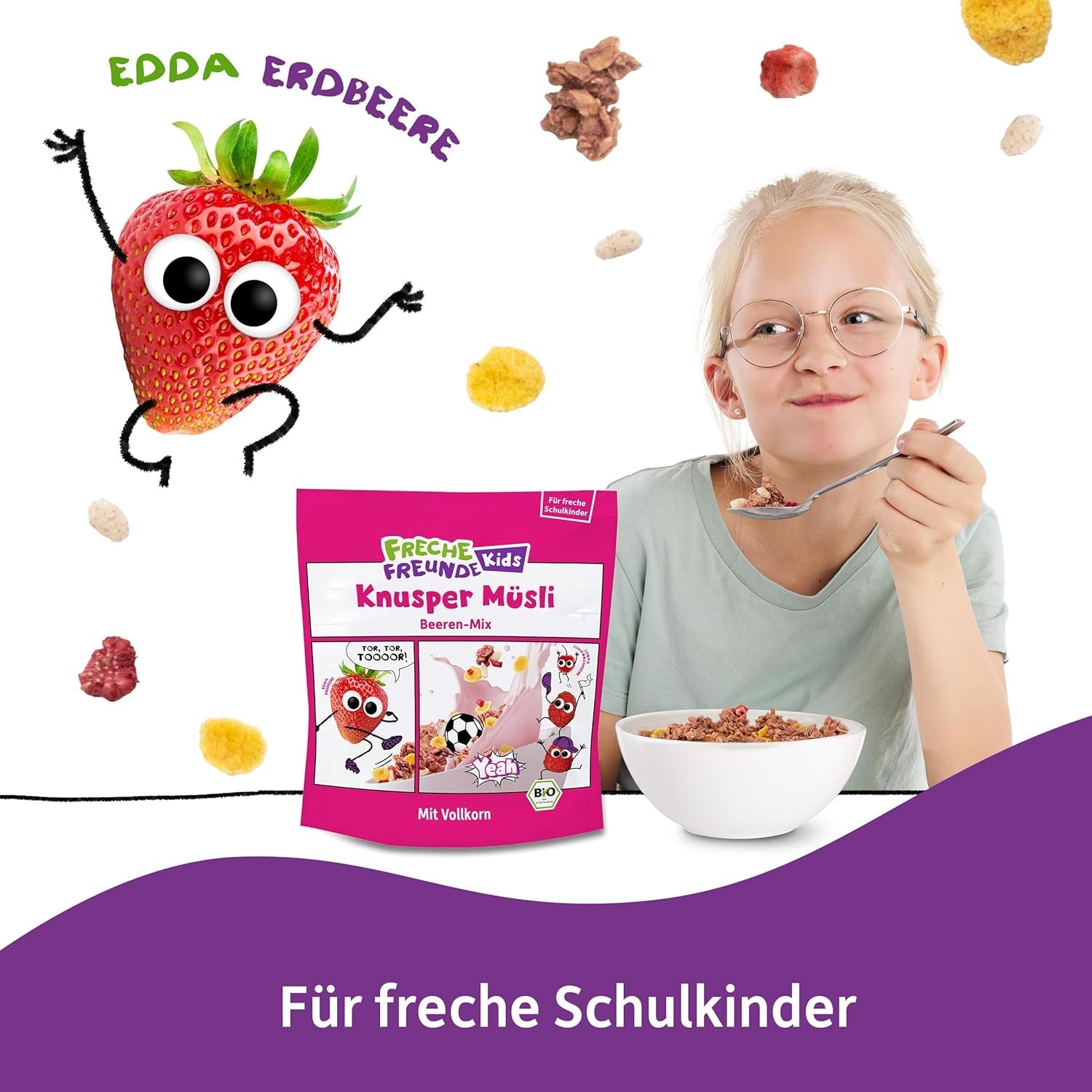 FRECHE FREUNDE Muesli organic pentru micul dejun, mix crocant de muesli cu fructe de pădure Edda's, pentru școlari, cu căpșuni liofilizate, vegan, pachet de 6 (6 x 280g)