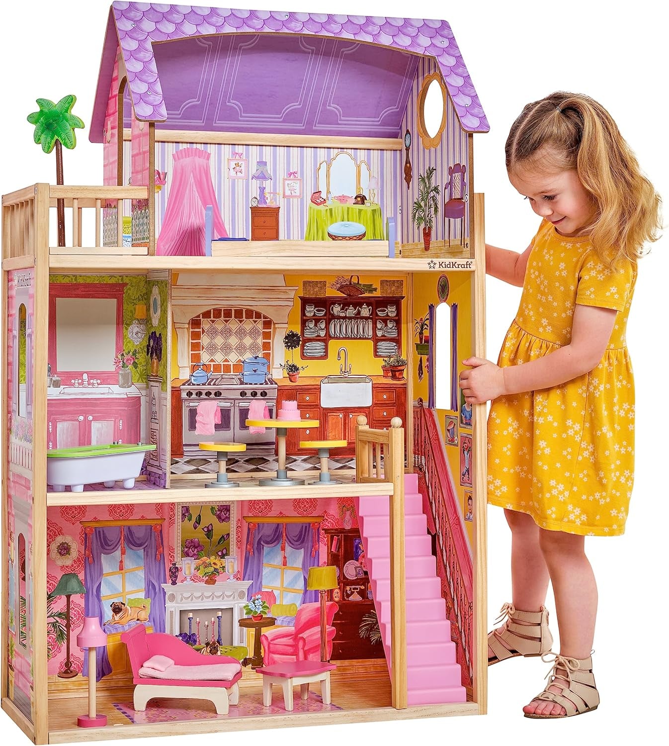 KidKraft Casă de păpuși Kayla din lemn cu mobilier și accesorii, set de joacă cu 3 niveluri pentru păpuși de 30 cm, jucărie pentru copii de la 3 ani în sus, 65092 - Exclusiv pe Amazon
