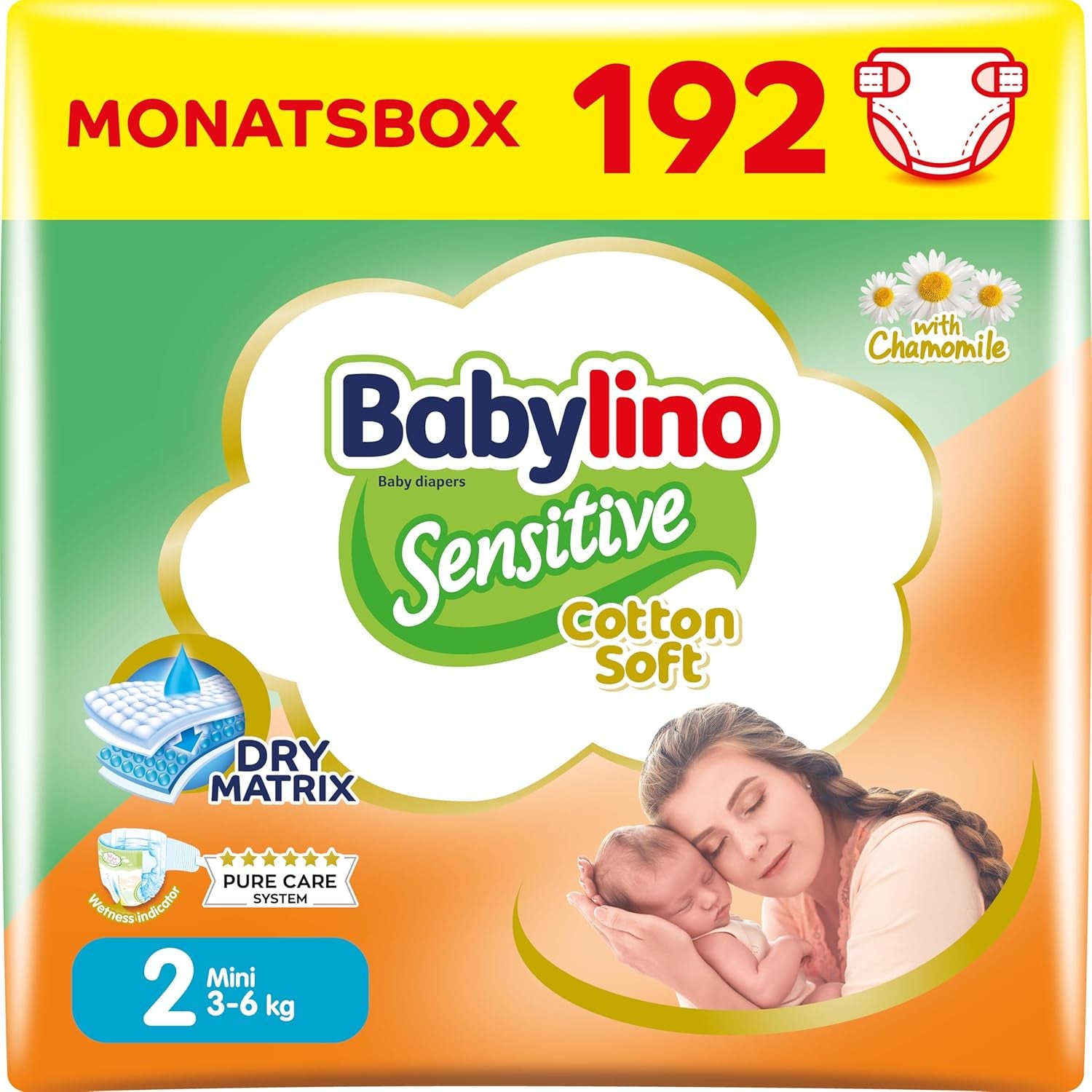 Scutece pentru bebeluși sensibili, mărimea 2, mini (3-6 kg), 192 scutece