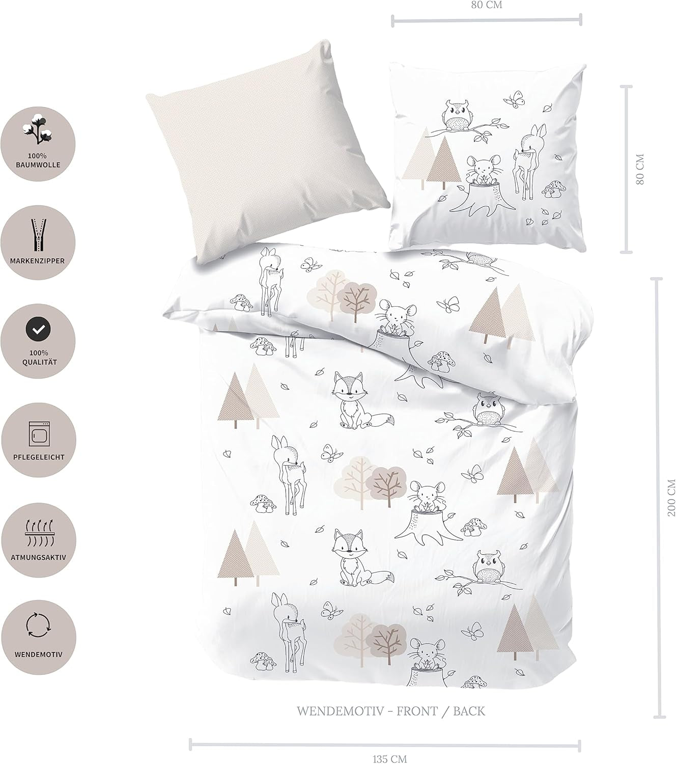 Lenjerie de pat pentru copii, vulpe, bufniță și animale de pădure, 100% bumbac Lenjerie de pat - copii Naty Shop