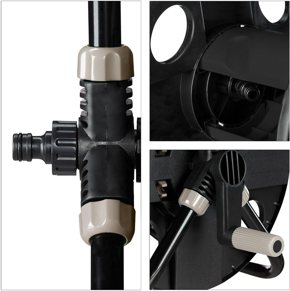 Rolă furtun Relaxdays, pentru furtun de 30 m 1/2", oțel, plastic, suport furtun, HL: 38 x 42 x 31 cm, negru-gri