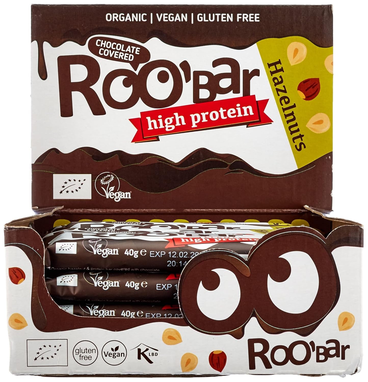 Batoane cu alune de pădure bogate în proteine și glazură de ciocolată – 100% organice, vegane, batoane cu fructe, fără lactate și gluten, fără zahăr rafinat – 16 batoane x 40g