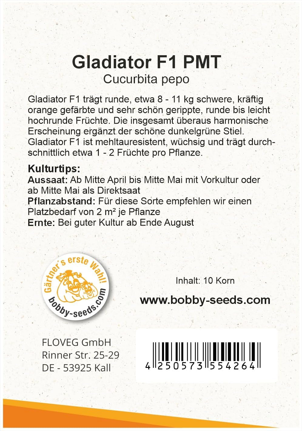 Bobby-Seeds Kürbissamen Gladiator PMT F1 Portion