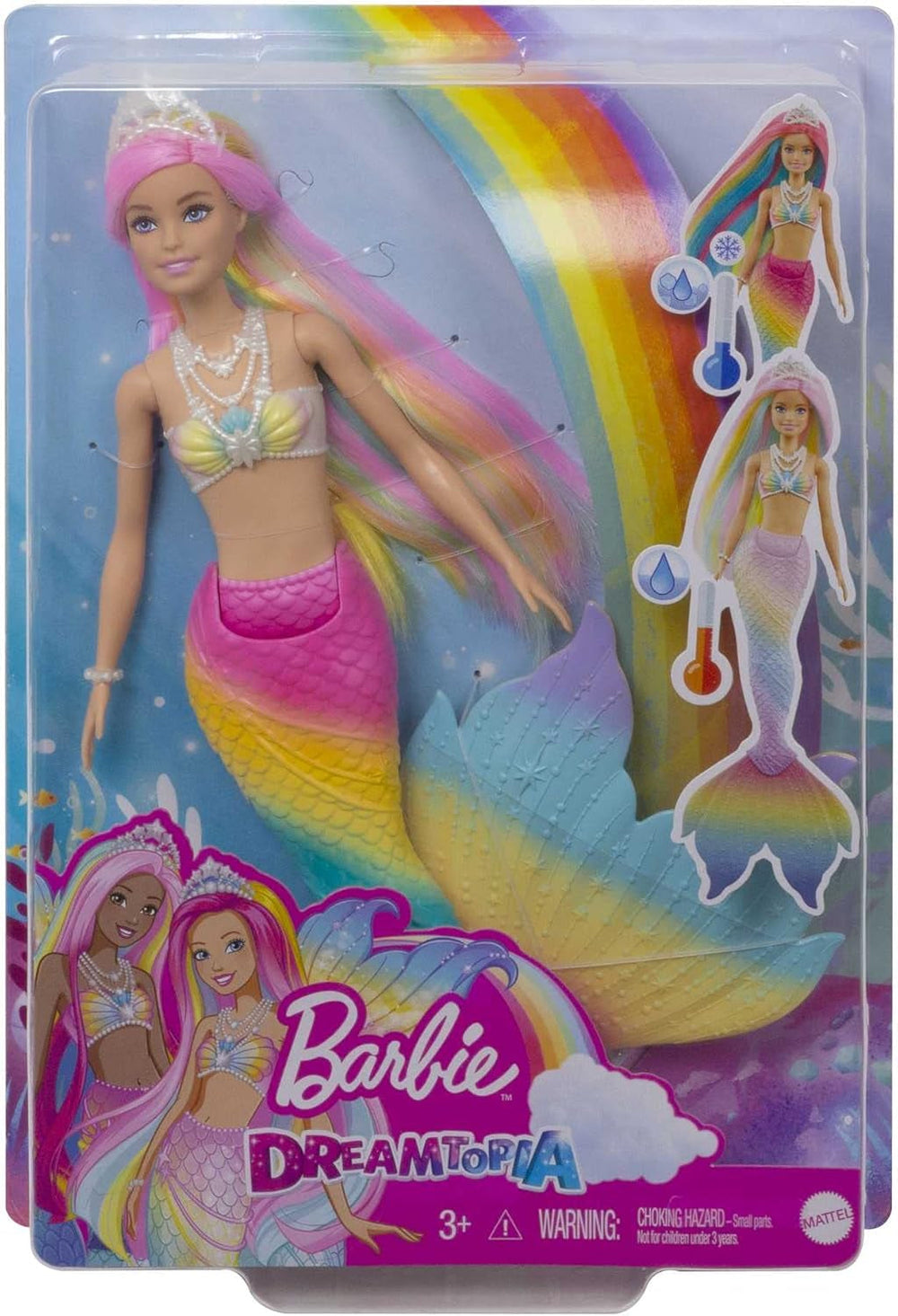 Barbie Dreamtopia Sirena Magică Curcubeu, Sirenă Barbie cu Păr Curcubeu, Păpușă care își Schimbă Culoarea, Activată de Apă, Jucărie pentru Vârste de 3 Ani și Peste, Cadou pentru Fete, GTF89