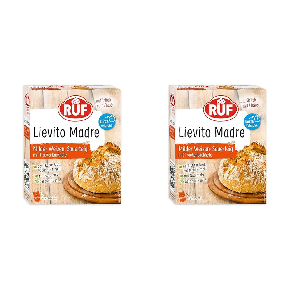RUF Lievito Madre Sauerteig, Milder Weizen-Sauerteig, Mutterteig, Kurze Teigruhe Durch Enthaltene Trockenhefe, Lievito Madre Getrocknet Für Brot, Baguette, Focaccia, 3X35G Mischung zum Backen und Kochen Naty Shop 35 G (6Er Pack) Kurze Teigruhe