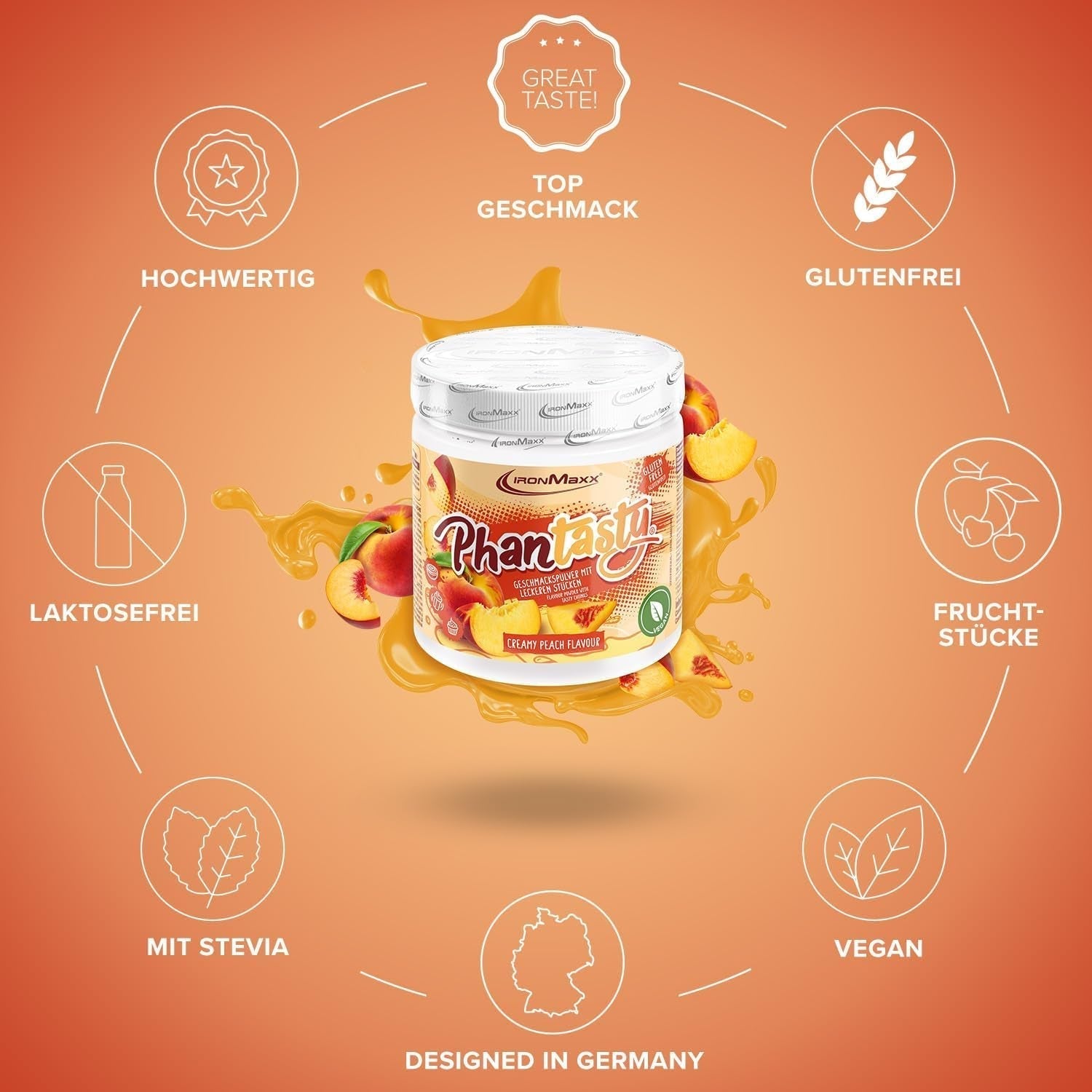 Ironmaxx Phantasty - Cremiger Pfirsich 250G Dosis | Veganes Geschmackspulver mit echten Frucht- oder Nussstückchen | Perfekter Zuckerersatz Sweeteners Naty Shop