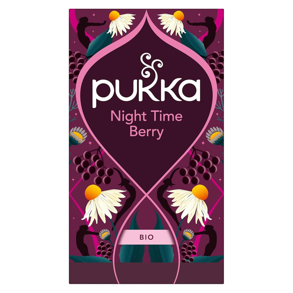 Pukka | Ceai de fructe bio „Night Time Berry” | Mușețel, coacăze negre și mure | Ceai pentru o seară relaxantă | Fără cofeină | Pachet de 1 | 20 pliculețe de ceai