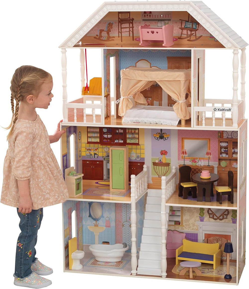 Kidkraft Savannah Puppenhaus aus Holz mit Möbeln und Zubehör, Hängesessel und Himmelbett, Spielset für 30-cm-Puppen, Spielzeug für 3-Jährige 65023 Puppenhäuser Naty Shop Savannah Puppenhaus aus Holz für 30-cm-Puppen