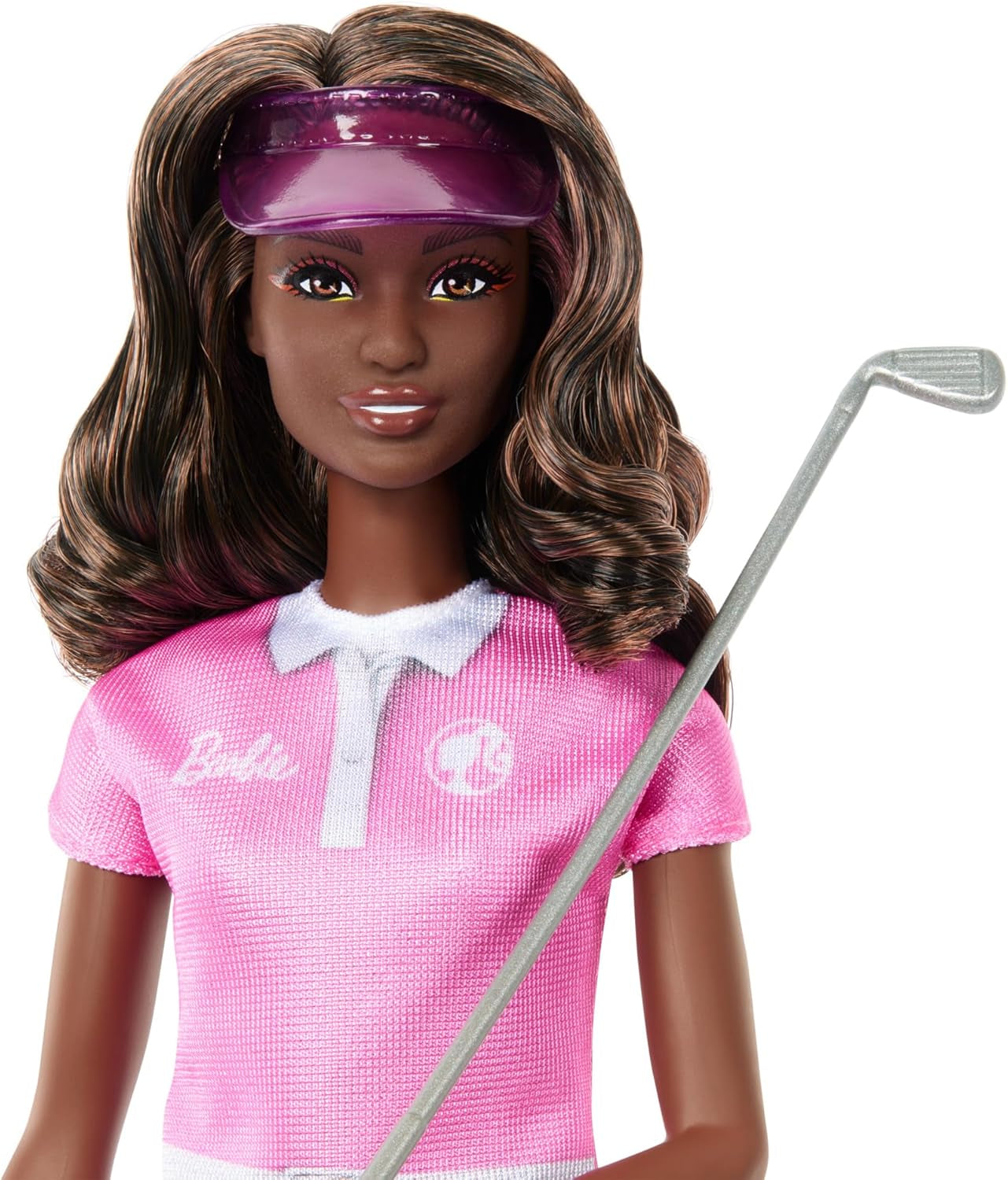 Barbie Golfer brünette Modepuppe in Abnehmbarer Pinker Polokleid-Golfuniform, enthält Schirmmütze und Golfschlägerzubehör, JCR69