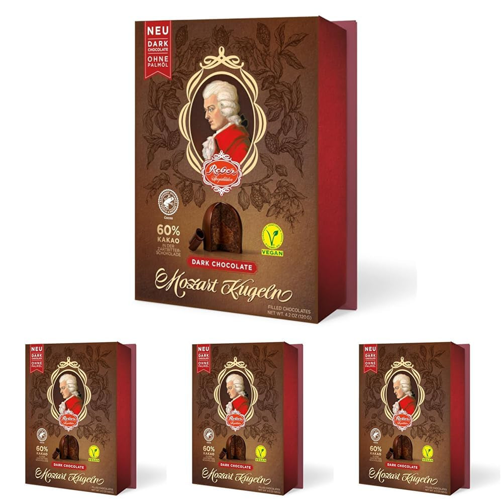 Bile Reber Mozart cu ciocolată neagră, pachet de 6 cu marțipan și nuga, vegane - 1 x 120 g