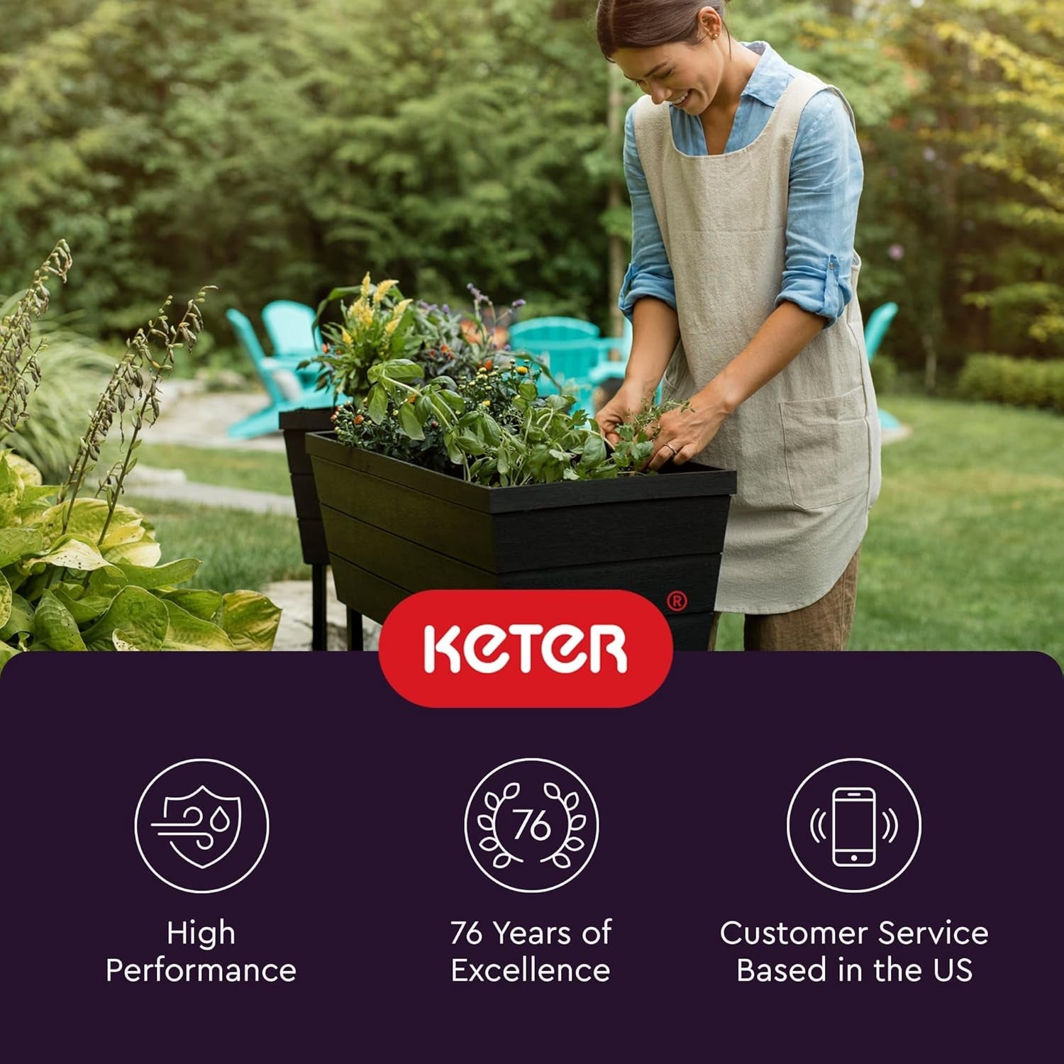 Ghiveci Keter Urban Bloomer pentru grădină înălțată și plante aromatice, pentru exterior, cu manometru de auto-udare și dop de drenaj, gri închis