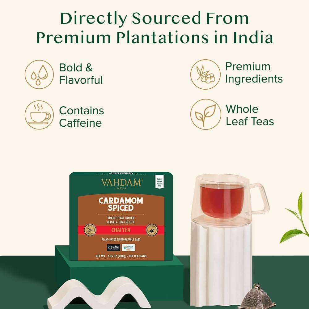 VAHDAM Ceai Chai Masala cu cardamom | 100 pliculețe piramidale | Ceai negru indian cu cardamom măcinat | Amestec original Chai cu cardamom din India | 100% natural