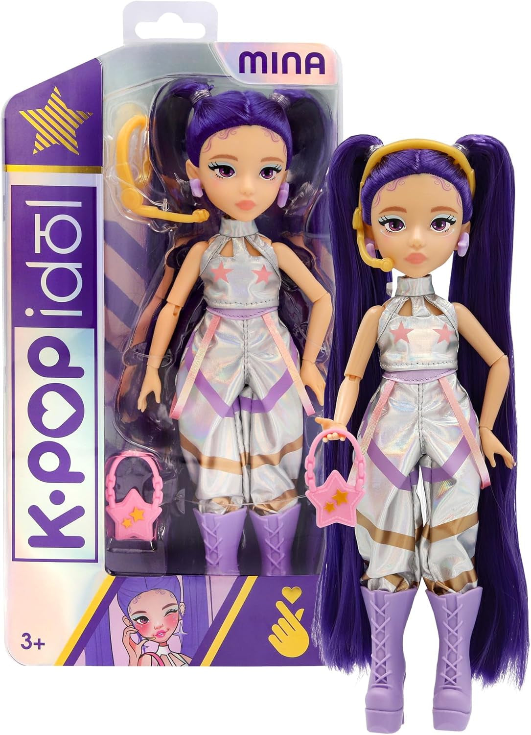 K-POP Idol Puppe Mina Modepuppen K-Pop Starlight-Stil, lila Haare mit Zöpfen. 3 Accessoires zum Kreieren von Outfits Kinder ab 3 Jahren